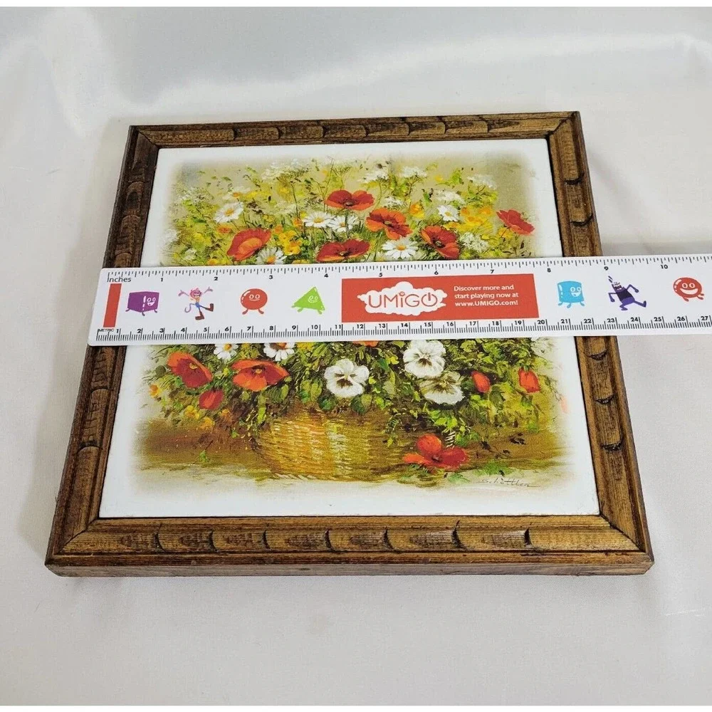 Katerina Schottler Daisies Red Poppies Floral Painted Wood Framed Ceramic Tile